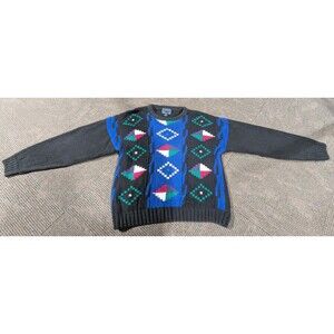 Vintage Etchings Geometric Sweater Men's Black Blue Coogi Style Retro Size M
